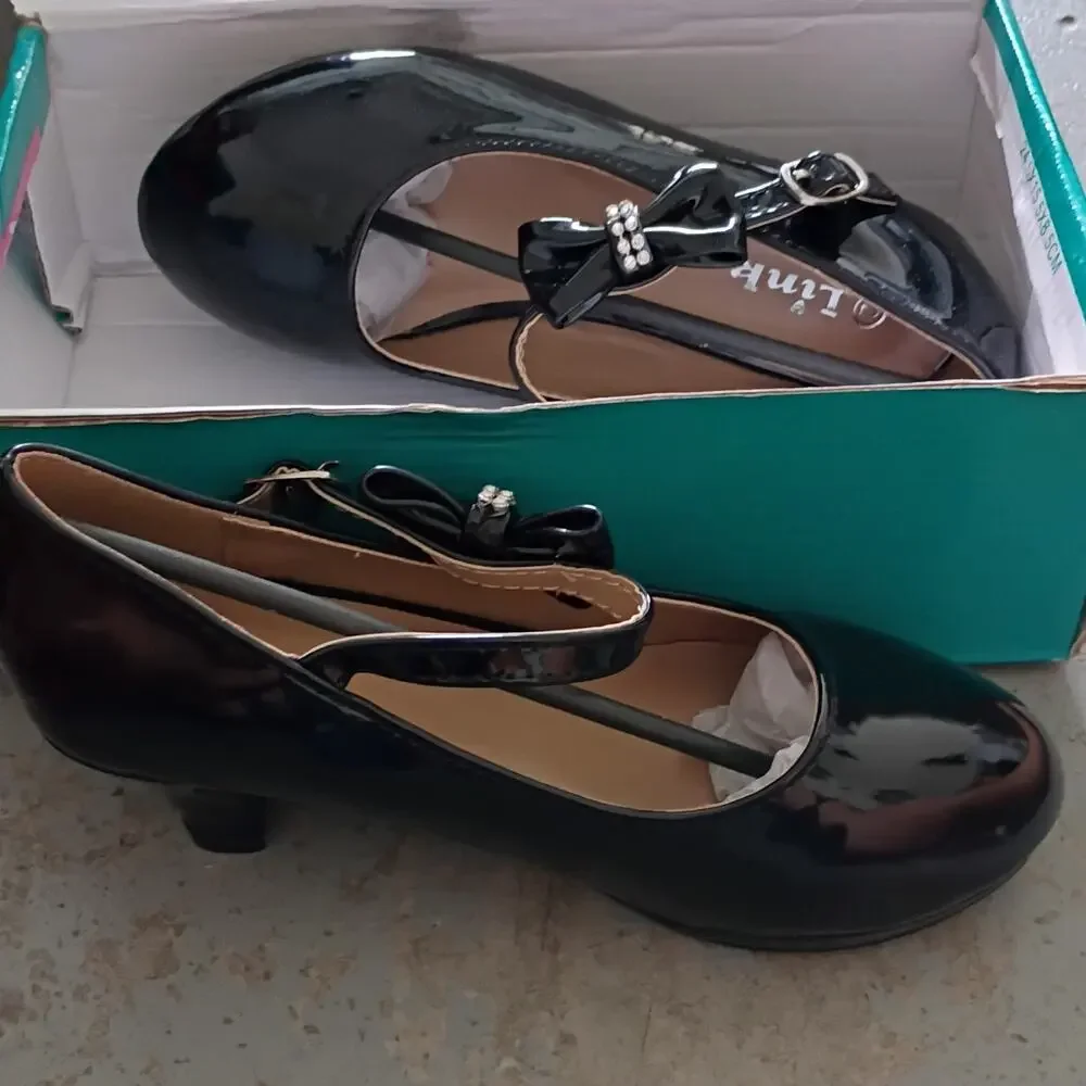 Link Girls Black Patent Mary Jane Heels Sz 2 Low Block Buckle Bow Rhinestone